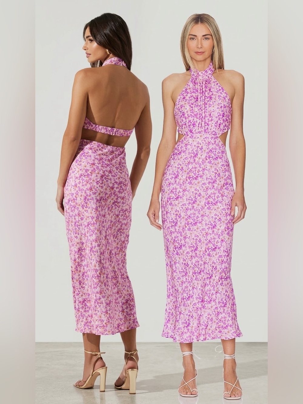 NWOT ASTR The Label Ambretta Purple Floral Cutout Halter Midi Dress Size M